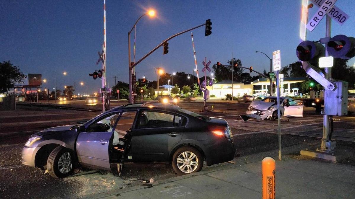 The scene of a two-vehicle crash Monday night at Shields and Clovis avenues.