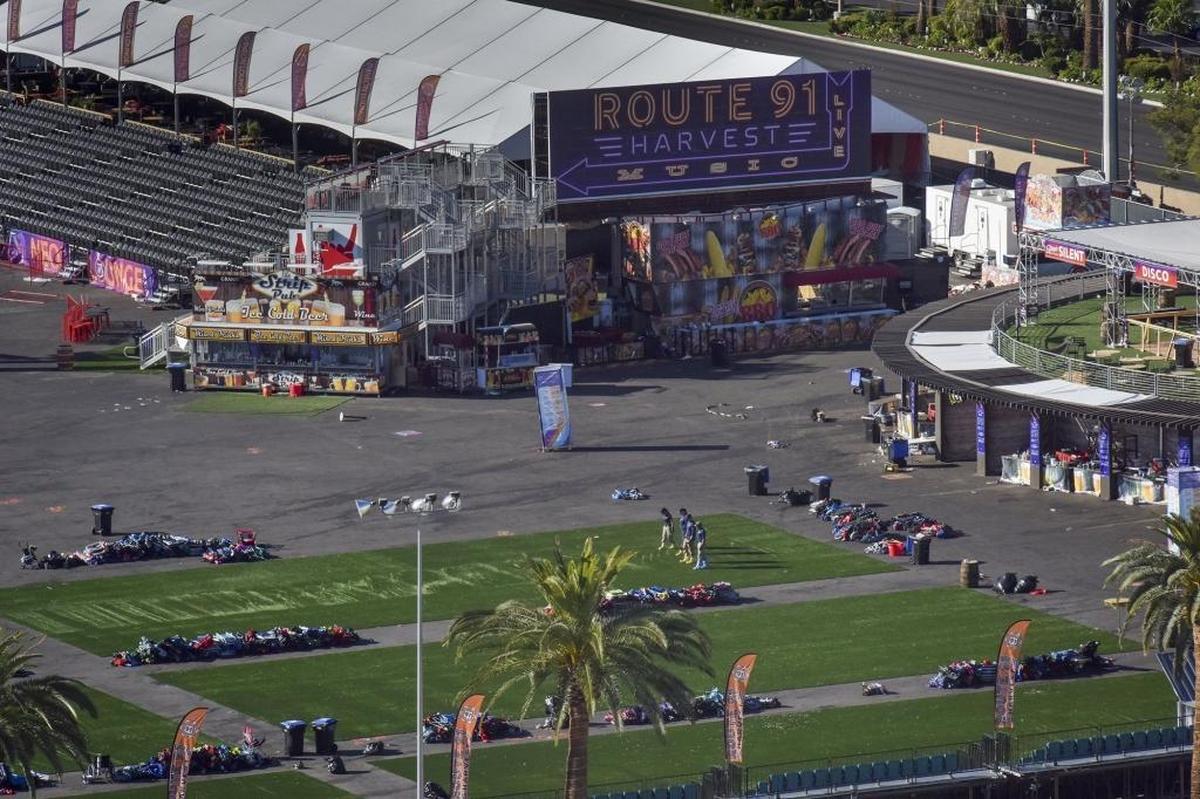 A view from the Tropicana Hotel overlooks the scene of the Route 91 Harvest music festival, the site of the Oct. 8 mass shooting that left 58 dead and nearly 500 injured.
