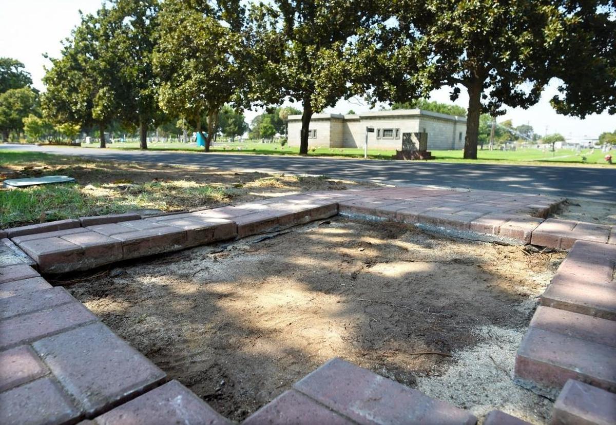 The space where the memorial for California’s Confederate Veterans had been at Mountain View Cemetery stood empty Friday afternoon.