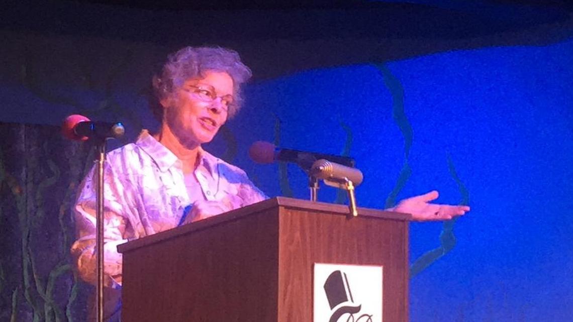 Karen Humphrey, Fresno’s first female mayor who served from 1989 to 1993, speaks to the crowd gathered at the League of Women Voters of Fresno’s 75th anniversary gala on April 18 at Roger Rocka’s Dinner Theater in the Tower District.