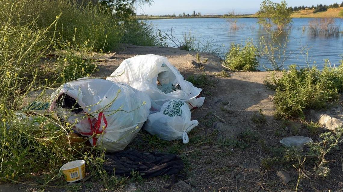 Bags of illegally dumped trash sit along the bank of a pond in the San Joaquin River Parkway area at the north end of Fresno in this June photo.