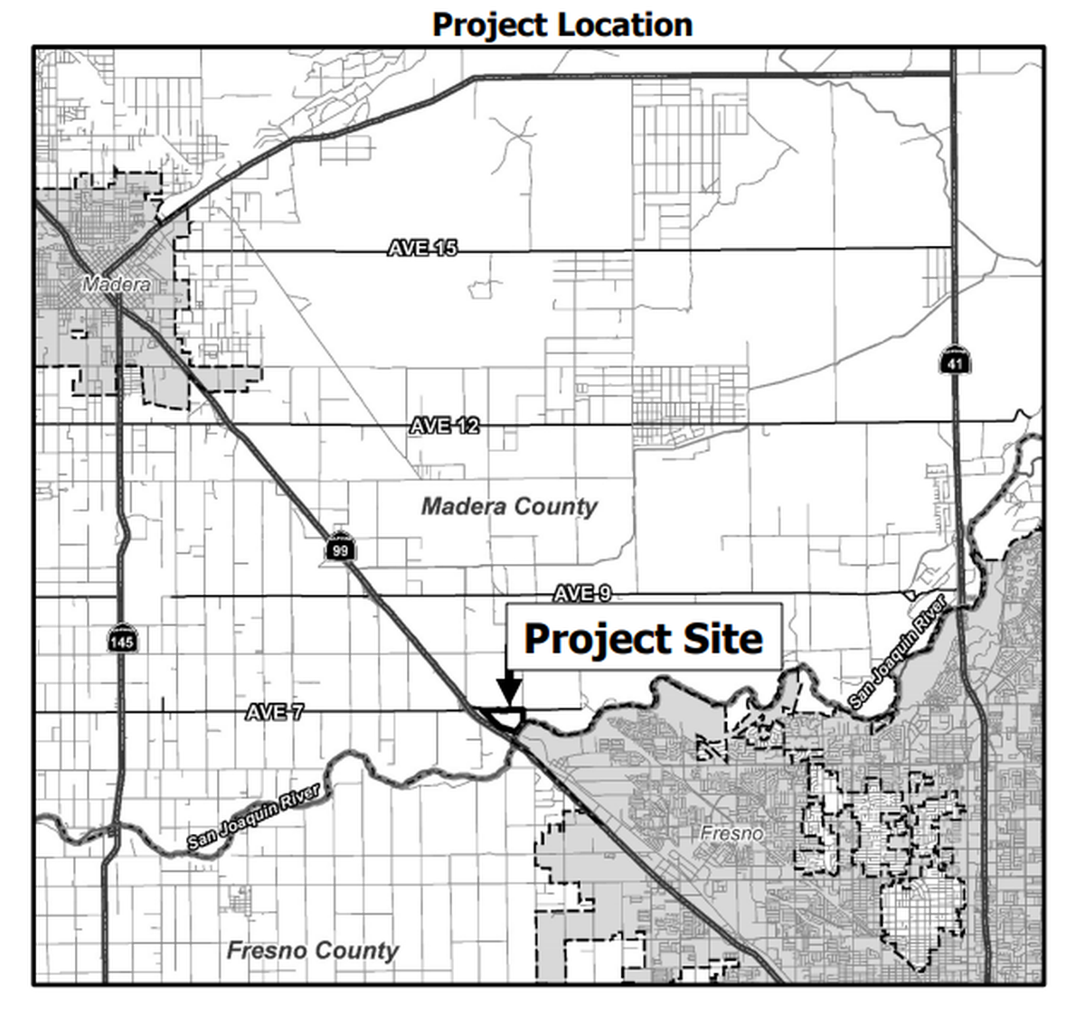 El proyecto propuesto del Riverwood Fulfillment Center estaría situado al noreste de la Highway 99 y al sur de la Avenue 7, en el Condado Madera, el cual no está incorporado.
