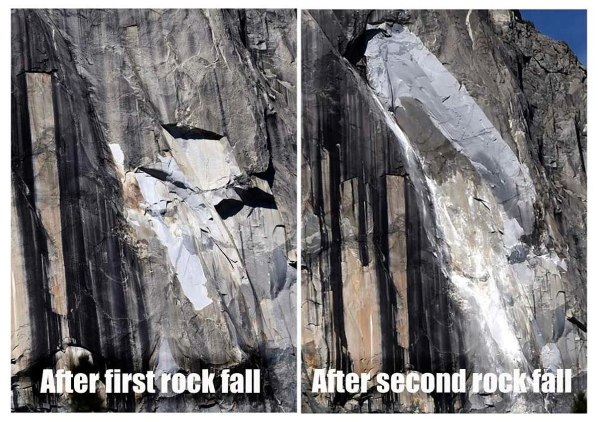 These photos show that the second, larger El Capitan rockfall Thursday, Sept. 28, occurred just above the source of a Sept. 27 rockfall that killed a Welsh man and injured his wife.