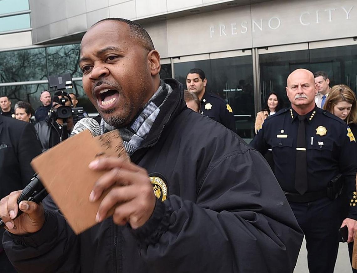 Then-Fresno City Councilmember Oliver Baines delivers a forceful speech during a Dr. Martin Luther King Jr. Day rally at City Hall, Monday morning, Jan. 15, 2018.