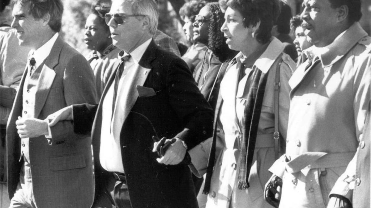 Councilman Tom MacMichael, Mayor Dale Doig, Councilman Les Kimber and his wife, Pauline, take part in march to William Saroyan Theatre.
