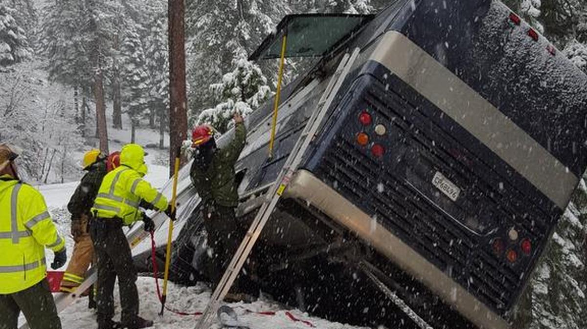 Crews work to pull a tour bus out of a ditch after it drove off Wawona Road in Yosemite.