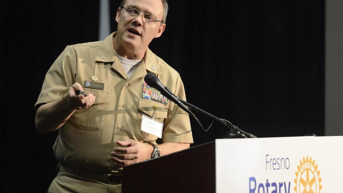 Capt. Monty G. Ashliman Jr., commander of Lemoore Naval Air Station, gives a presentation for members of the Fresno Rotary Club during their meeting in downtown Fresno in January.