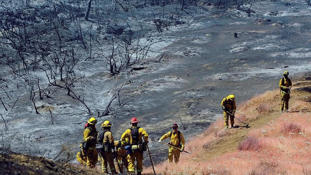 A Cal Fire crew mops up a flare up of the Curry Fire Sunday afternoon, July 3, 2016 along Highway 198 west of Coalinga.