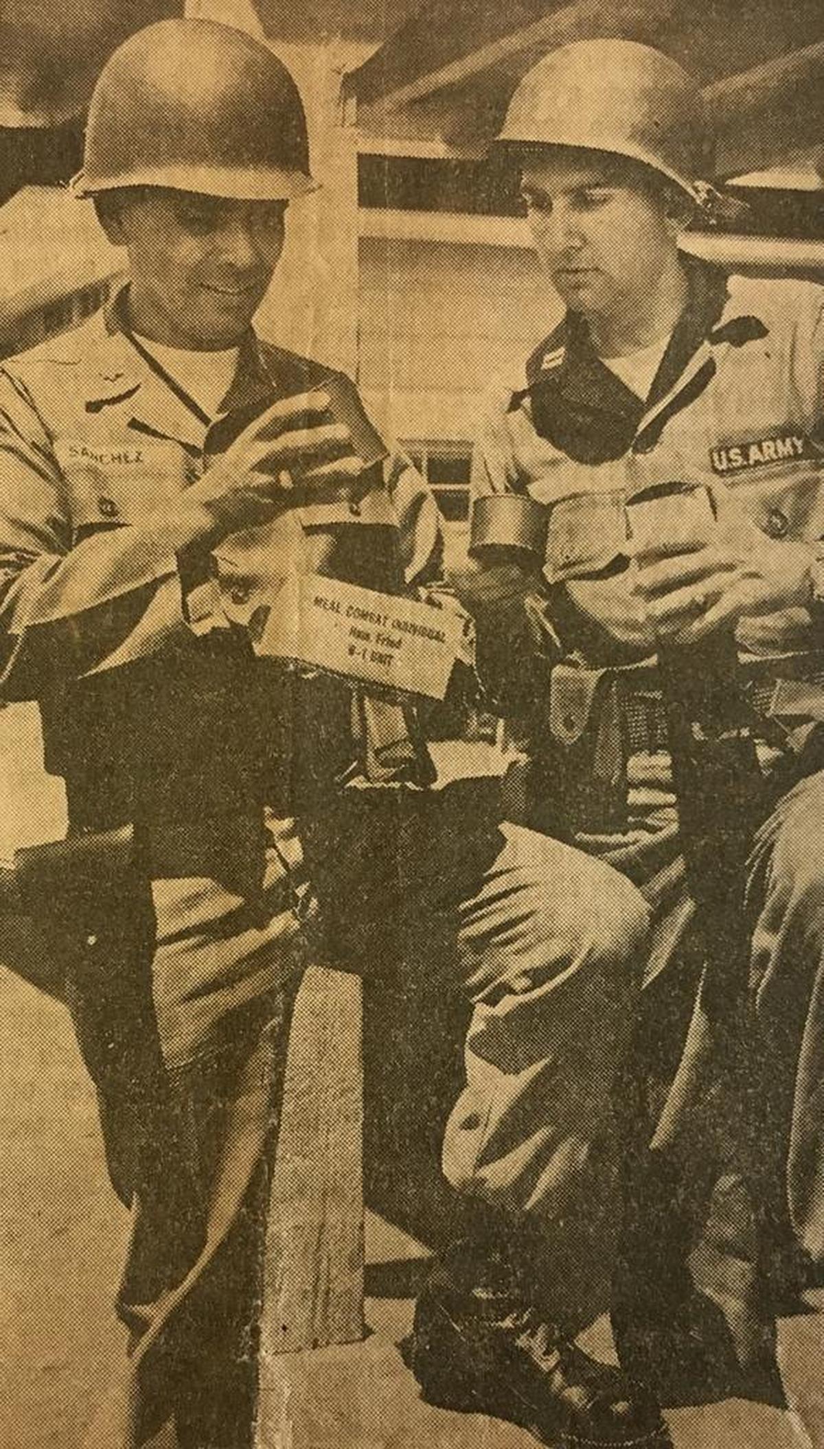 Phillip V. Sanchez, left, with friend Elvin Bell, both of Fresno, when they were deployed to the Watts riots in Los Angeles in August of 1965.