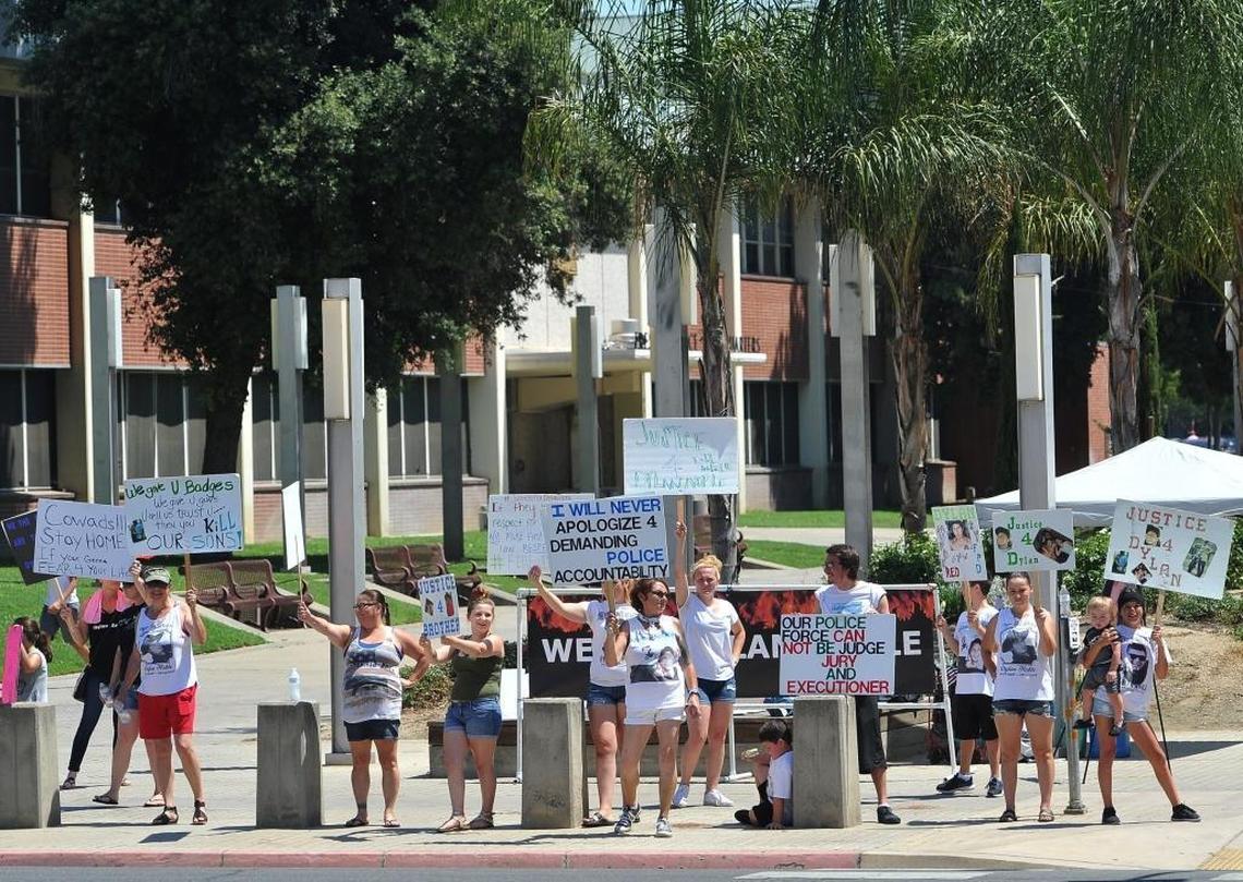 Friends and family of Dylan Noble gather to protest his killing by Fresno Police officers a year ago, in front of the police department on the Mariposa Mall, Tuesday, June 20, 2017.