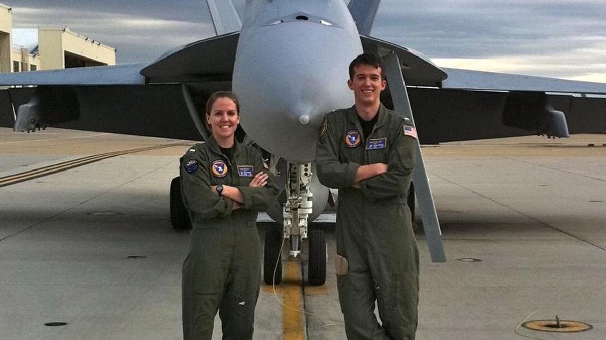 William “Buddy” Marshall, right, with girlfriend Carolyn Work. Both are Navy pilots; he is assigned to Lemoore Naval Air Station. Marshall was seriously injured in early November when a driver in a stolen truck crashed into Marshall’s car as he drove to the base.