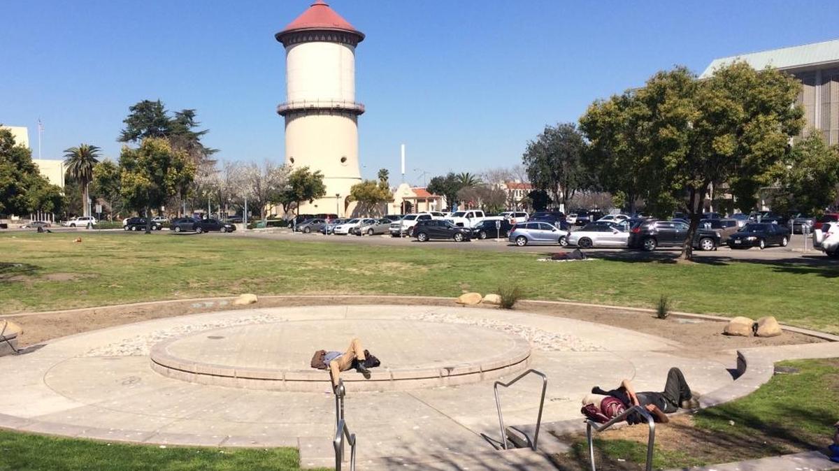 Fresno’s historic water tower looms over Eaton Plaza, which every Friday, from June 30 through Aug. 11, 2017, will host a free movie night. People can bring a blanket or lawn chairs. with local vendors also offering food for sale.