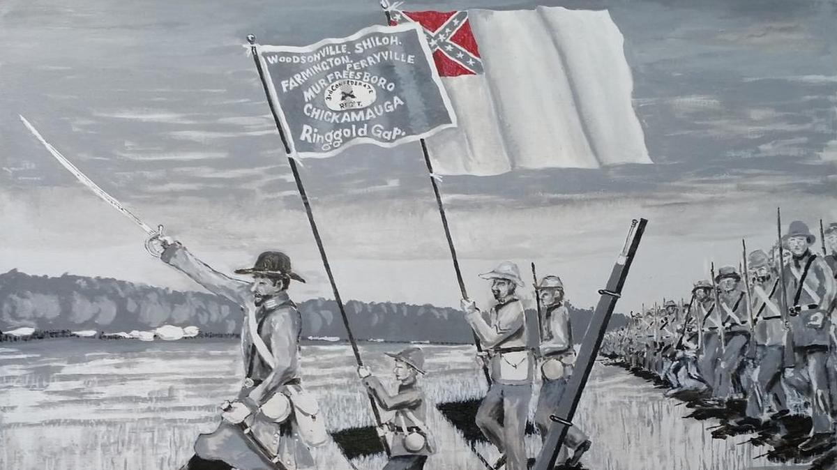 Fresno artist Timothy J. Desmond’s painting, “The Attack,” which depicted a Civil War battle from the Siege on Atlanta in 1864 in which one of the soldiers is carrying a Confederate flag.