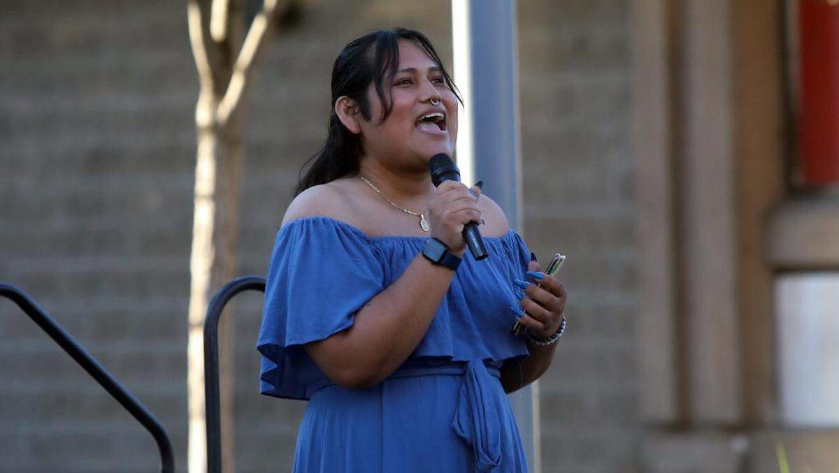Xo Rodríguez speaks during the Fresno Economic Opportunities Commission ‘Illuminate Our Pride and Our Mental Health’ street festival on Fulton Street on June 24, 2023. The celebration was organized by the EOC LGBTQ+ Resource Center.