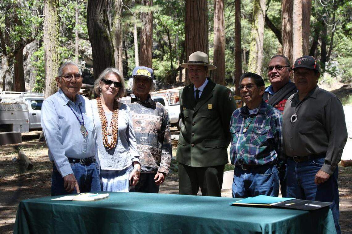 Yosemite National Park Superintendent Michael Reynolds, center, with tribal elders and members of the Wahhoga Committee at the Wahhoga village site in Yosemite Valley on June 1, 2018.
