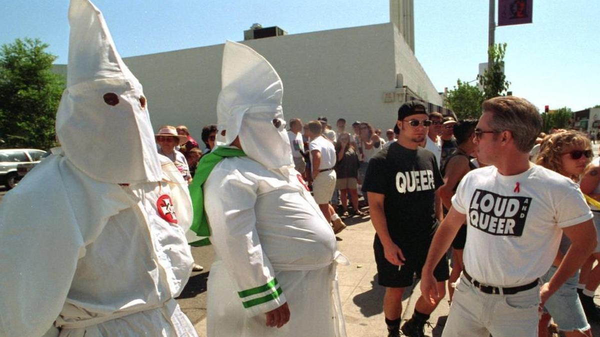 
1994: Hooded members of the Ku Klux Klan make their presence known at the fourth annual Lesbian and Gay Pride Parade in Fresno. KKK members showed up at Fresno’s first pride parade, held in 1991.
