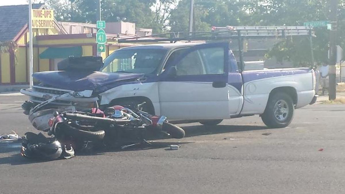 
A truck and motorcycle collided on Blackstone Avenue in Fresno on Monday. A man and woman on the motorcycle went to the hospital. The stretch of Blackstone between Princeton and Shields is closed.
