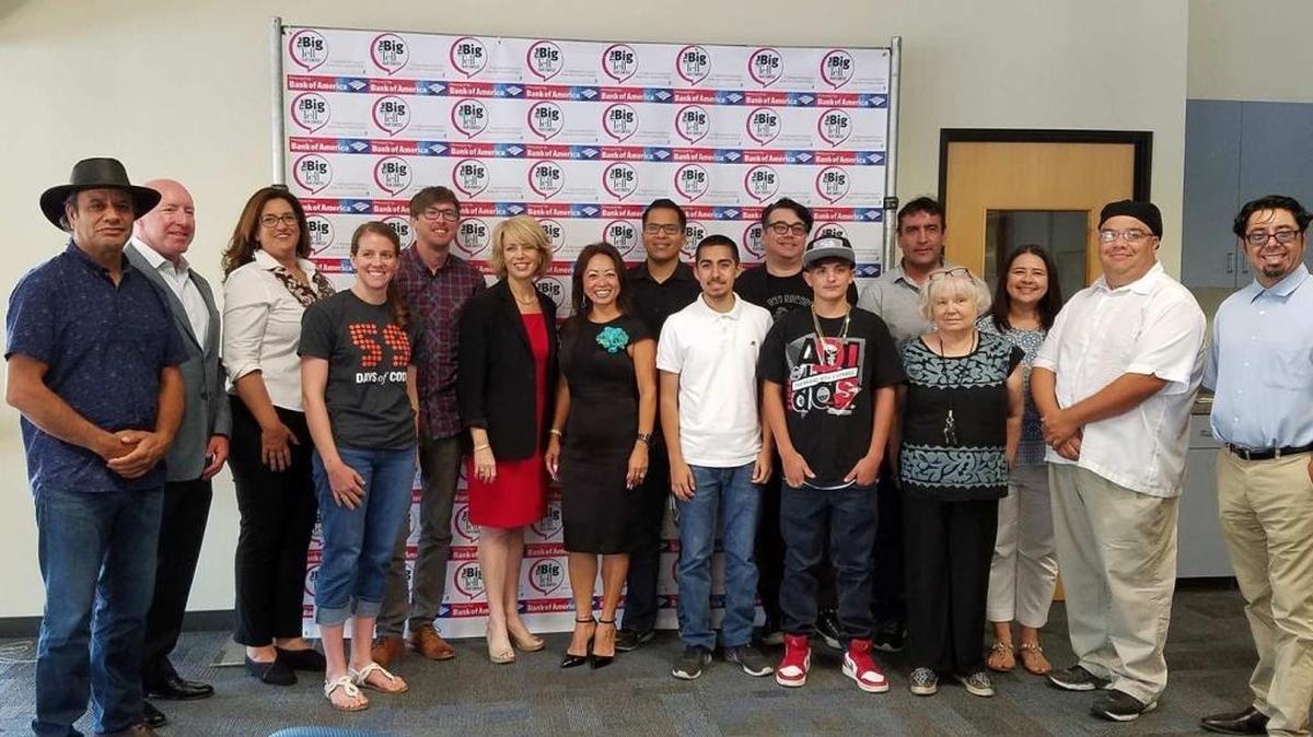 Grant winners of the Big Tell: Undiscovered Stories from the Central Valley film contest were awarded on Tuesday, July 18, 2017 at the Central Valley Community Foundation Office in Fresno. Making the presentation was foundation CEO and former Fresno Mayor Ashley Swearengin, in the red dress at center. The winners receive a $5,000 grant and the mentorship of Emmy-nominated filmmaker Sascha Rice, third from left, to produce the documentaries.
