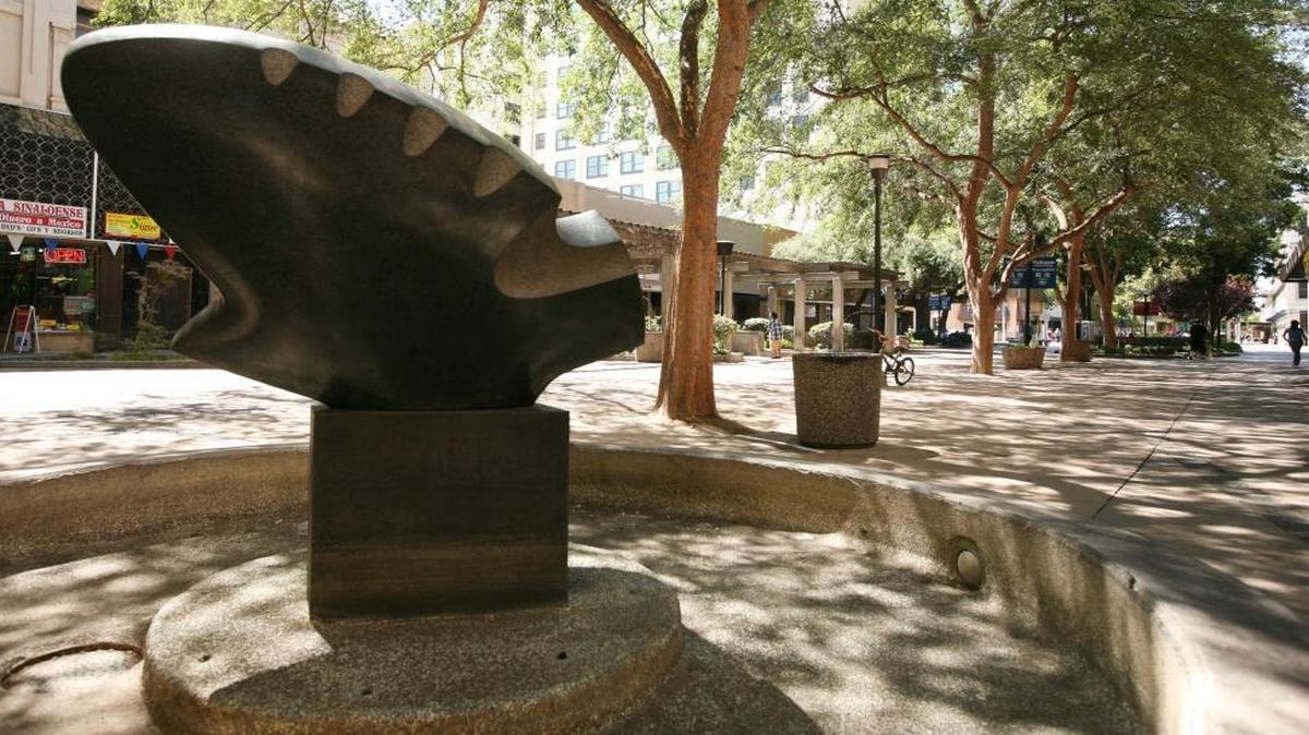 A sculpture stands on the Fulton Mall.