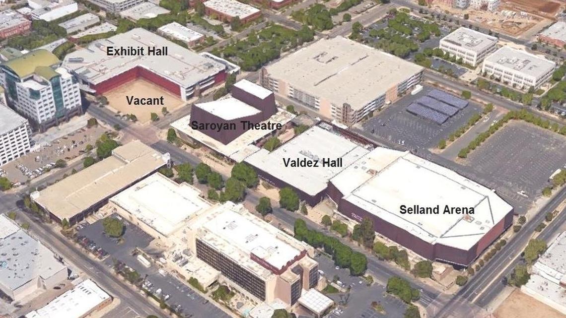 The four facilities of the Fresno Convention Center – Exhibit Hall, Saroyan Theatre, Valdez Hall and Selland Arena – are shown in this aerial view from Google Maps. A vacant lot is where a 200-room hotel is planned.