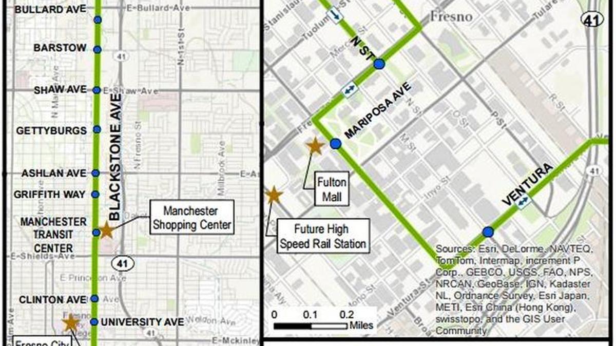 A Fresno Area Xpress map shows the route for the city’s bus rapid transit system. Construction of the BRT will start in June 2016, and operation is expected in fall 2017.