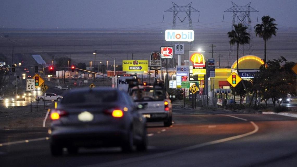 The commercialism of Kettleman City’s southern section along Highway 41 can be seen from beneath the Interstate 5 overpass looking into the southern San Joaquin Valley.