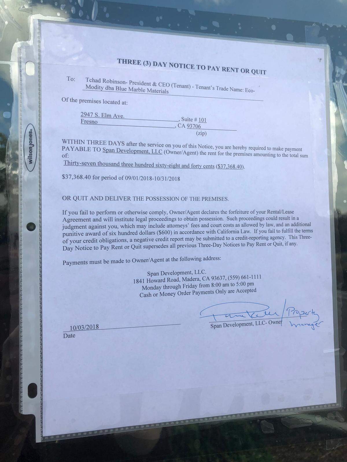 An Oct. 3 notice taped to the front door of Blue Marble Materials’ mattress recycling center on Elm Avenue in south Fresno gives the company three days to either pay more than $37,000 in rent due or vacate the premises.