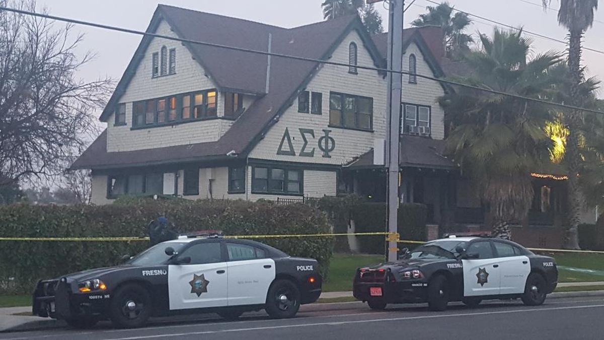 Police in Fresno, California investigate at the Delta Sigma Phi fraternity house after a Fresno State student, 19-year-old Omar Nemeth, died shortly after he was rushed to the hospital from the house on Wednesday, Jan. 3, 2018.
