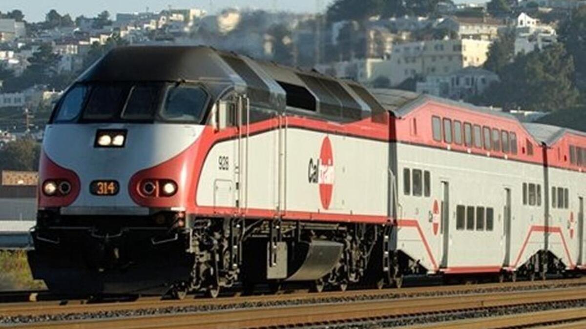 One of Caltrain’s Bombardier train sets chugs along its route through the San Francisco Bay Area.