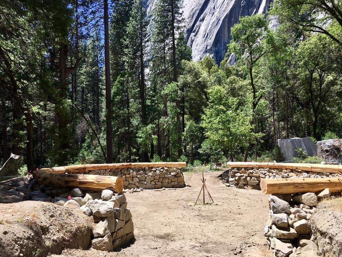 A roundhouse under construction at the Wahhoga village site in Yosemite Valley on June 1, 2018.
