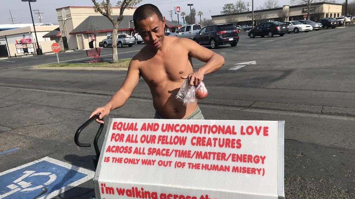 Bing Bing Li, the Chinese native and Canadian citizen who is attempting to walk around the world, made a stop in Fresno and Hanford. He’s trying to spread the message of equal and unconditional love.