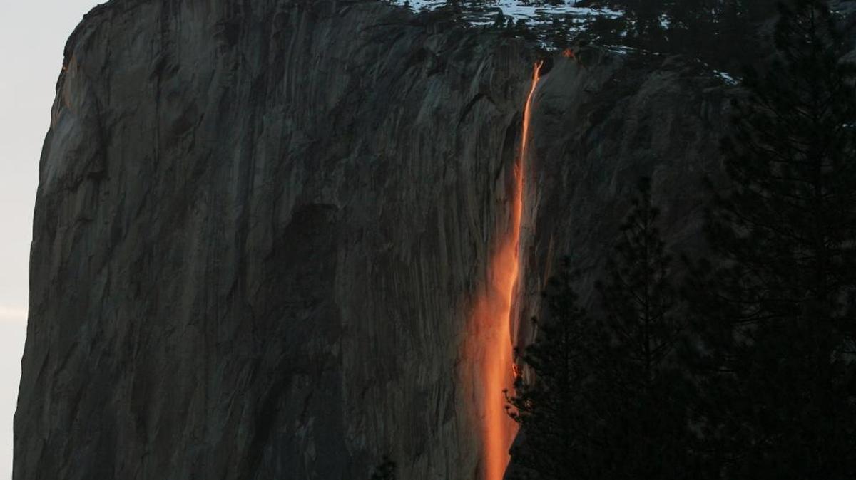 The annual firefall from Horsetail Fall in Yosemite Valley glows after the sun has disappeared below the horizon of the national park about 5:30 p.m. on Tuesday, Feb. 16, 2010.