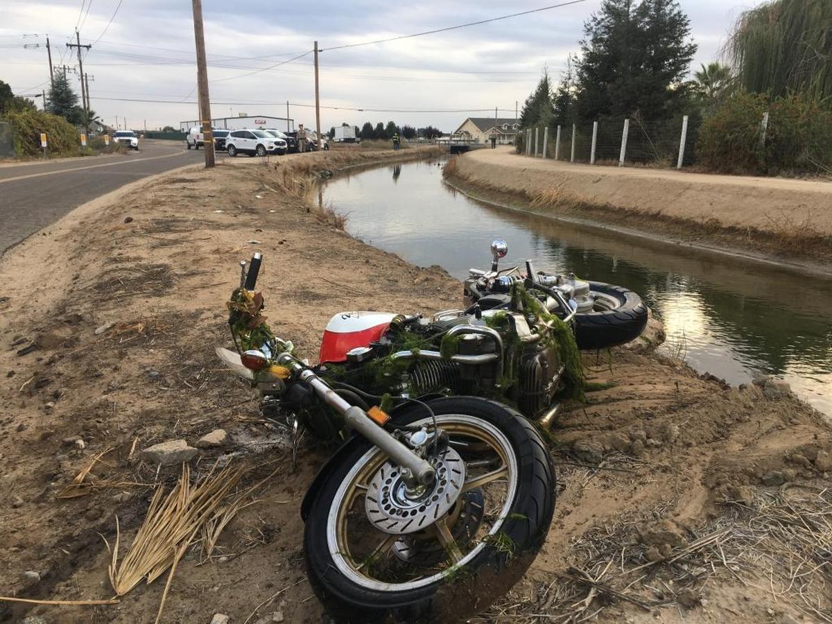 This motorcycle was pulled out of Washington Canal off Peach Avenue south of Fresno on Saturday. Nearby, the rider was found dead, the California Highway Patrol reported.