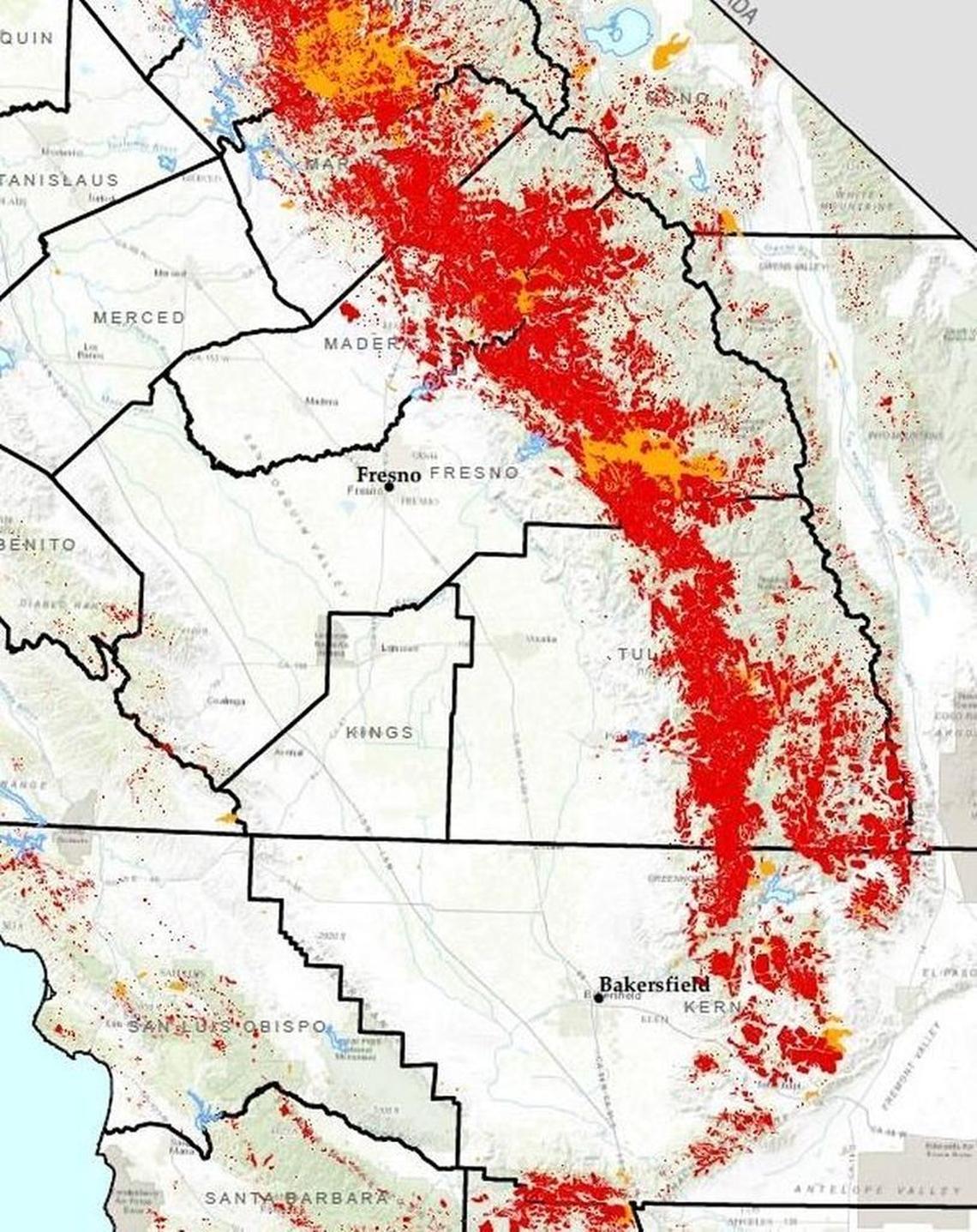 A map from California’s Tree Mortality Task Force shows the concentrations of dead trees in the mountains along the east side of the San Joaquin Valley.