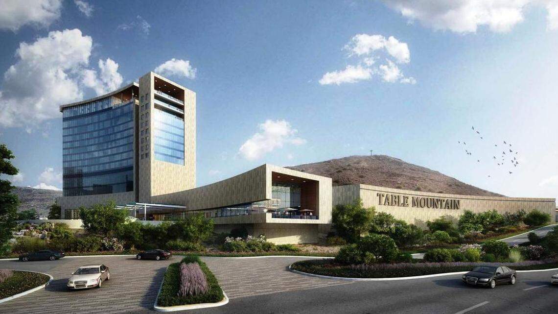 An artist's rendering depicts a new casino and hotel tower proposed by the Table Mountain Rancheria near Friant. The building would nearly double the gaming floor space of the existing Table Mountain Casino.
