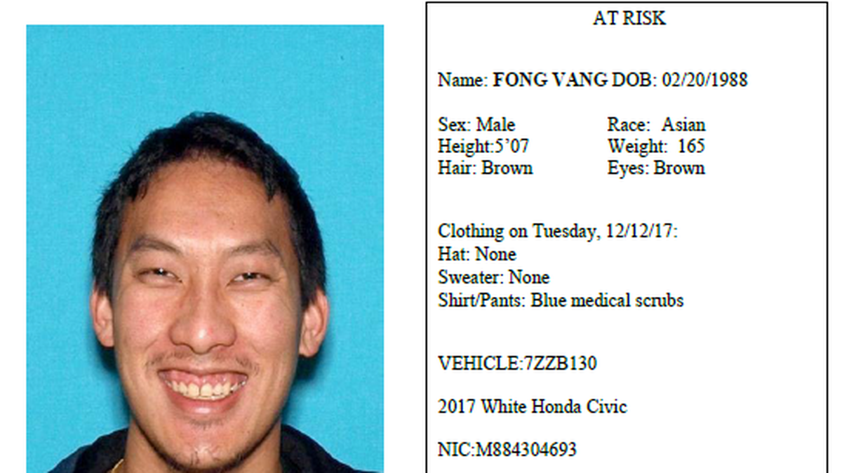 Fong Vang, 29, was last seen near Fresno Street and Olive Avenue about 10 p.m. Tuesday, Fresno police said. He was wearing blue medical scrubs.