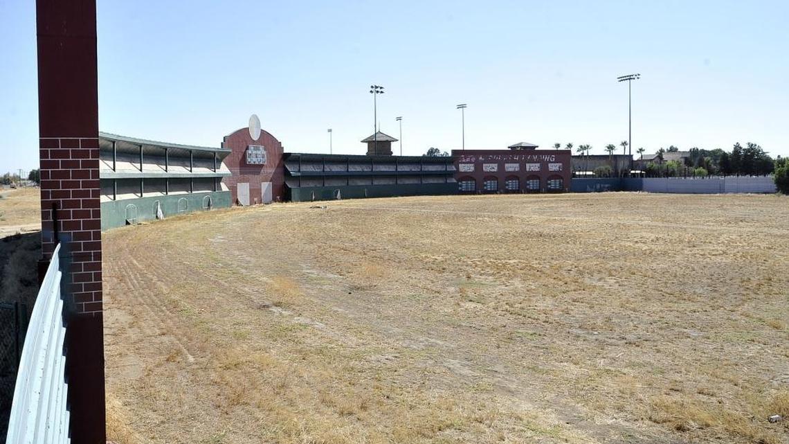 
Mock outfield stands depict an old-fashioned ball park at one of the Granite Park baseball fields in central Fresno. 
