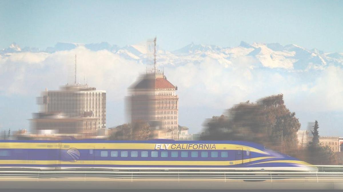 An artist’s rendering depicts a high-speed train dashing through downtown Fresno.