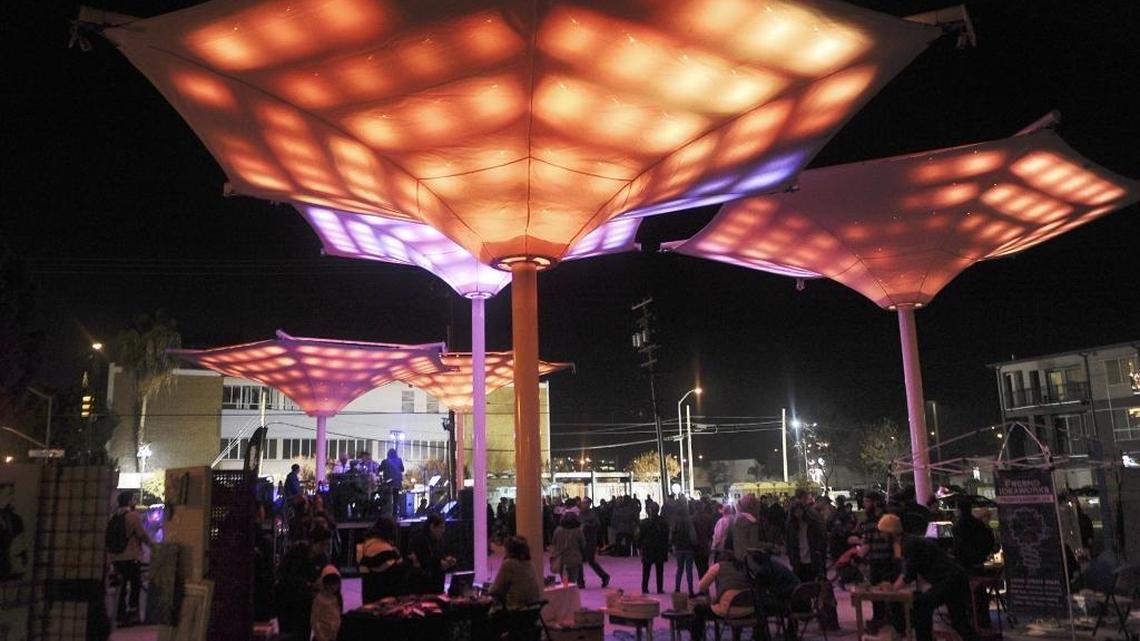 One of Fresno’s newest parks is the Cultural Arts District Park at Calaveras and Fulton streets in downtown. Upright structures topped by what look like inverted umbrellas feature motion-activated lighting. The park opened in December 2016.