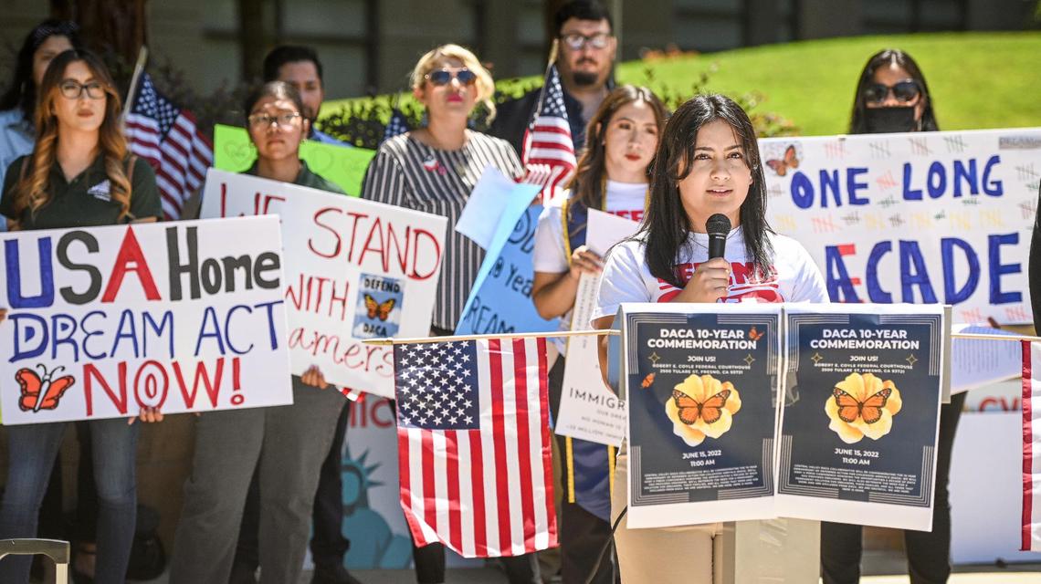 Shayla Castillo of Services, Immigrant Rights and Education Network and a DACA recipient, speaks during a press conference to commemorate the 10-year anniversary of the Deferred Action for Childhood Arrivals, or DACA, in front of the Robert E. Coyle Federal Building in Fresno on Wednesday, June 15, 2022.