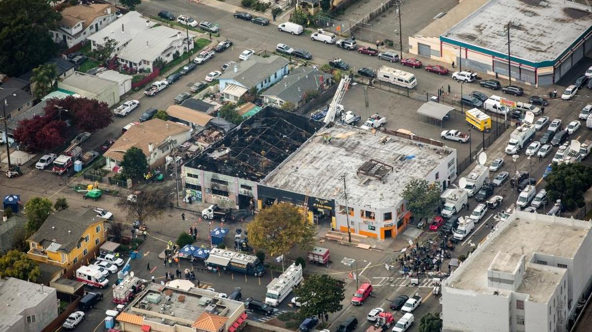 An aerial view of the Ghost Ship warehouse on Dec. 5, 2016. The building burned in a fire that killed 36 people in the Oakland, Calif. neighborhood of Fruitvale.