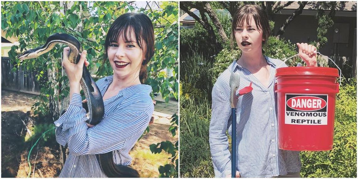 Bella Rose Britt with her pet python, Severus, and a snake hook and bucket she is using to catch and release rattlesnakes.