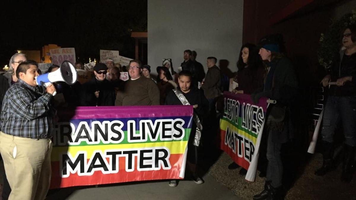 Members of the Fresno LGBT community march in honor of Transgender Remembrance Day in the Tower District on Friday, Nov. 18, 2016.