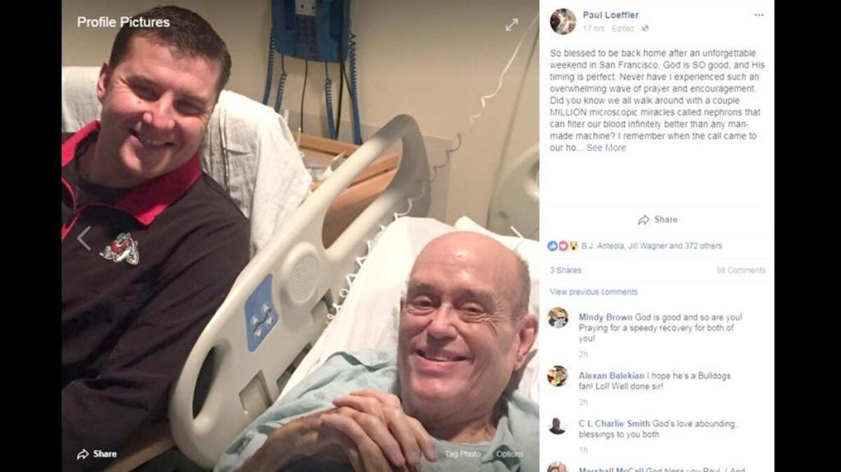 Paul Loeffler, left, donated his kidney to R. Michael Alexander, who is recovering at University of California, San Francisco Medical Center.