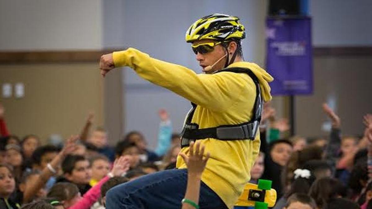 “Tino” greets an enthusiastic crowd of third- and fourth-graders at a performance of “The Best Me” in Clovis Veterans Memorial District. Kaiser Permenente Educational Theatre brings the play to schools throughout Northern California.