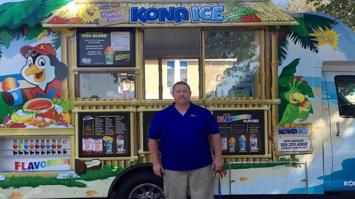Rob Hensley and his wife, Mary Barker, purchased their Kona Ice franchise in December of 2015. The truck serves an area that includes southwest Clovis and parts of Fresno.