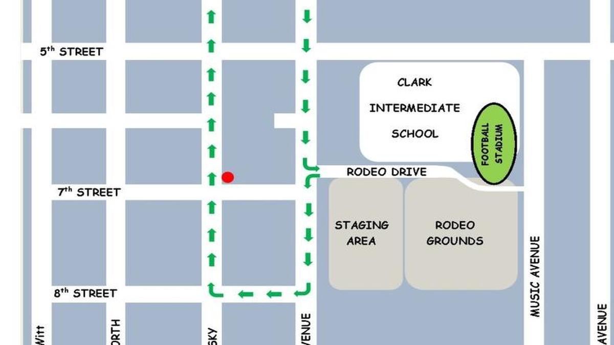 The Children’s Electric Christmas Parade route begins and ends in the Clovis Rodeo Grounds and tours Old Town Clovis on Pollasky and Clovis avenues from 8th Street to 3rd Street.
