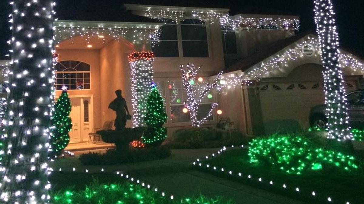 Palm trees are decorated at this home in the Cindy Lane, also known as Candy Cane Lane, neighborhood.