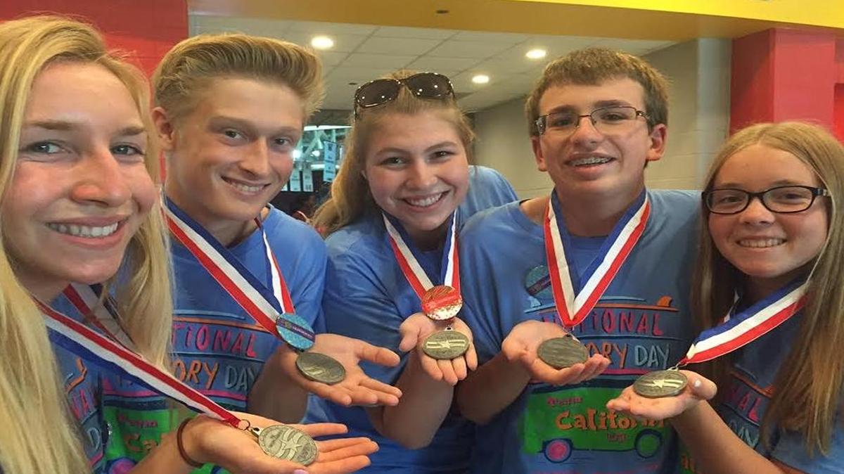 Sydney Fox, Austin Cozzi, Kelsey Ewing, Matthew Clark and Allison Hodge of Buchanan High School show off their second place medals from the National History Day competition in College Park, Maryland. The California state champions in the Senior Group Performance category competed against students from all 50 states, as well as several territories and foreign countries, in the June event.