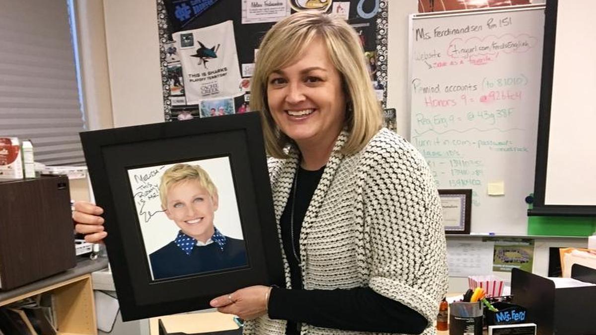 Clovis North High School English teacher, Melissa Ferdinandsen, was surprised on The Ellen DeGeneres Show after the TV host read one of her letters on air, and among other things, gave Ferdinandsen a signed and framed photo to hang in her classroom.